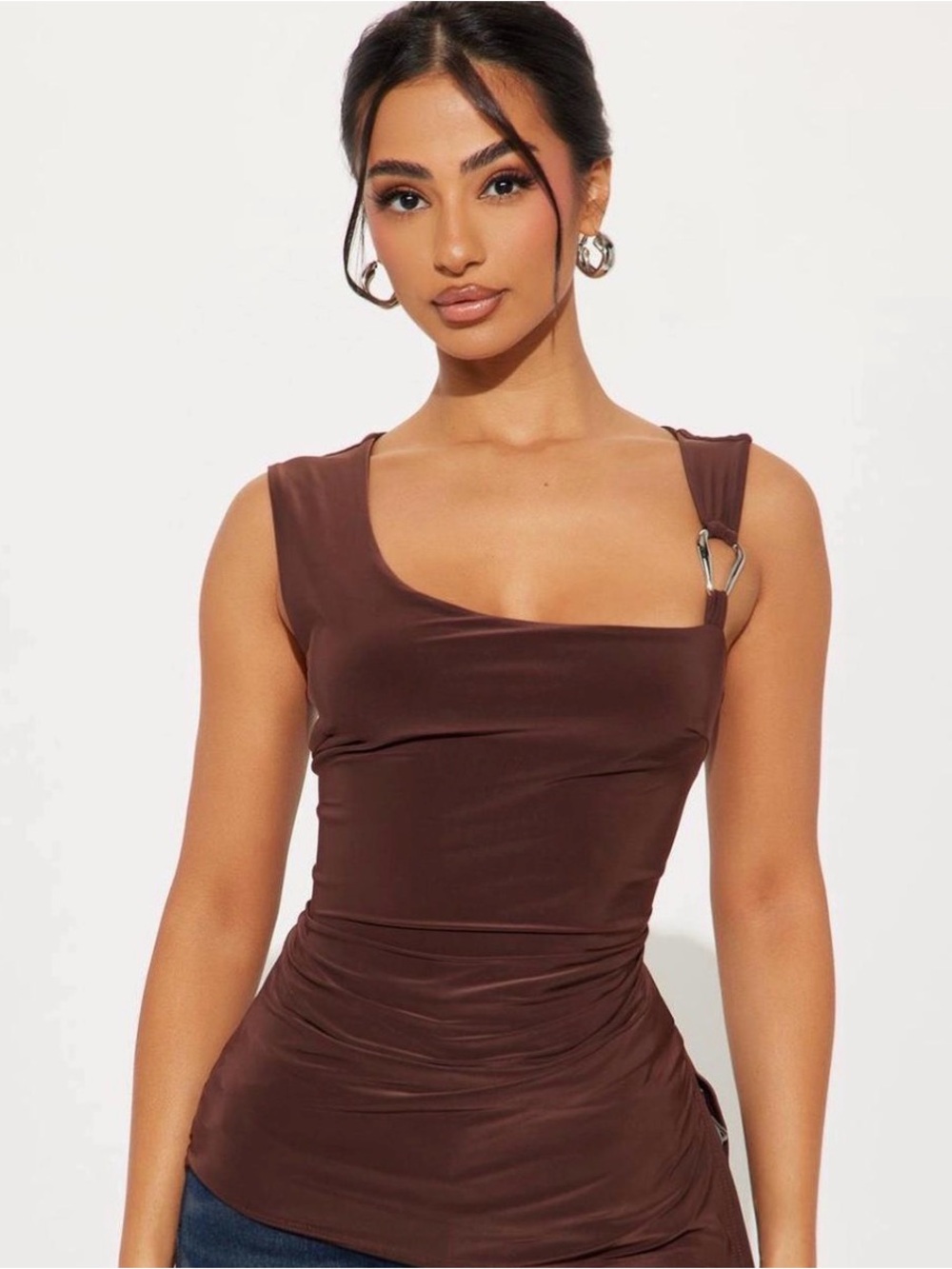 Fashion Nova Brown Ruched Asymmetrical Tank Top w/ Silver Hardware 🤎✨